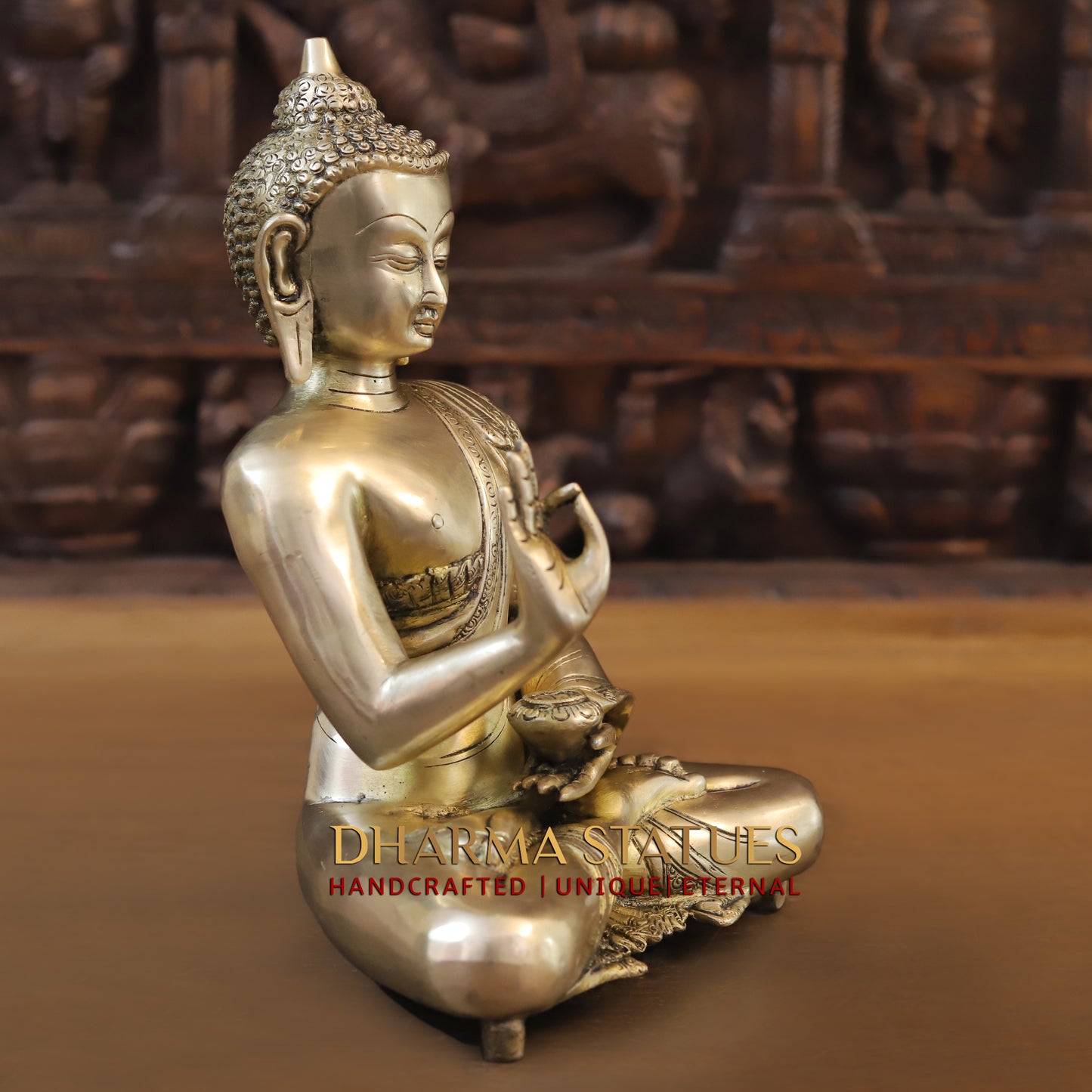 Brass Buddha in Blessing Position, Golden Finish, 11.5"