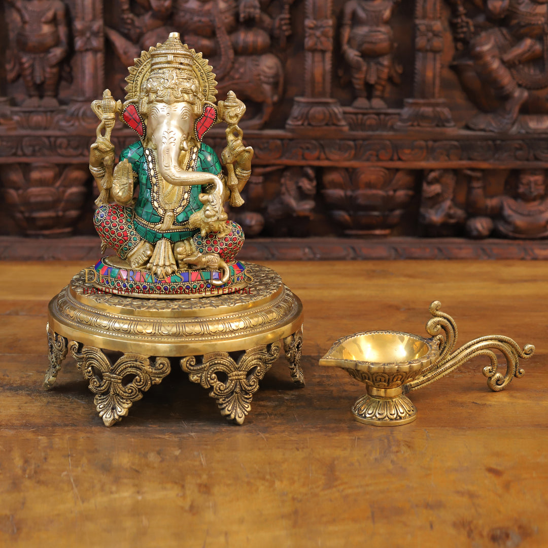 Brass Ganesh Idol, Seated on a Chowki, Golden & Stone Finish 9.5"