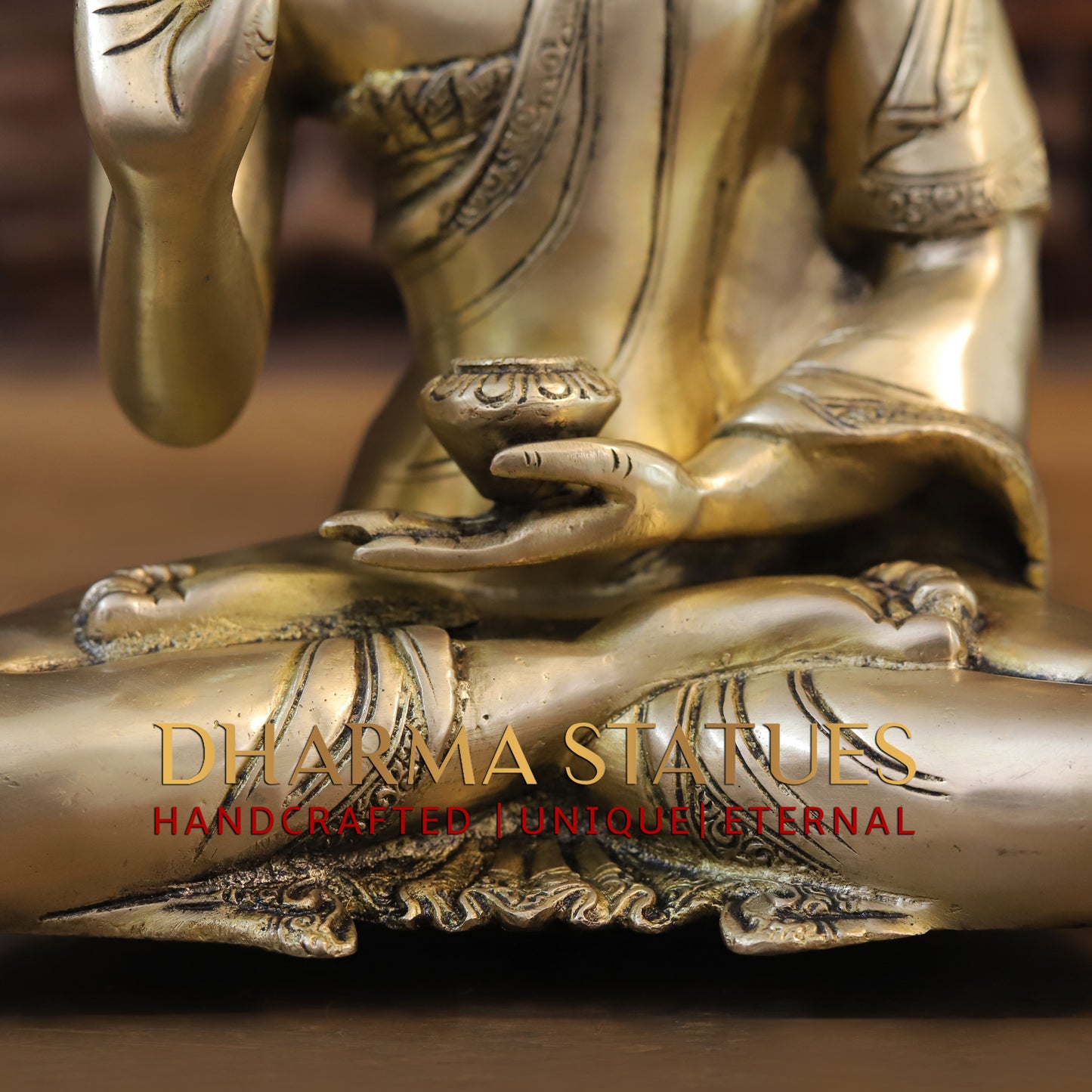 Brass Buddha in Blessing Position, Golden Finish, 11.5"