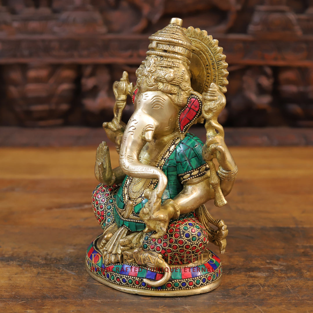 Brass Ganesh Idol, Seated on a Chowki, Golden & Stone Finish 9.5"