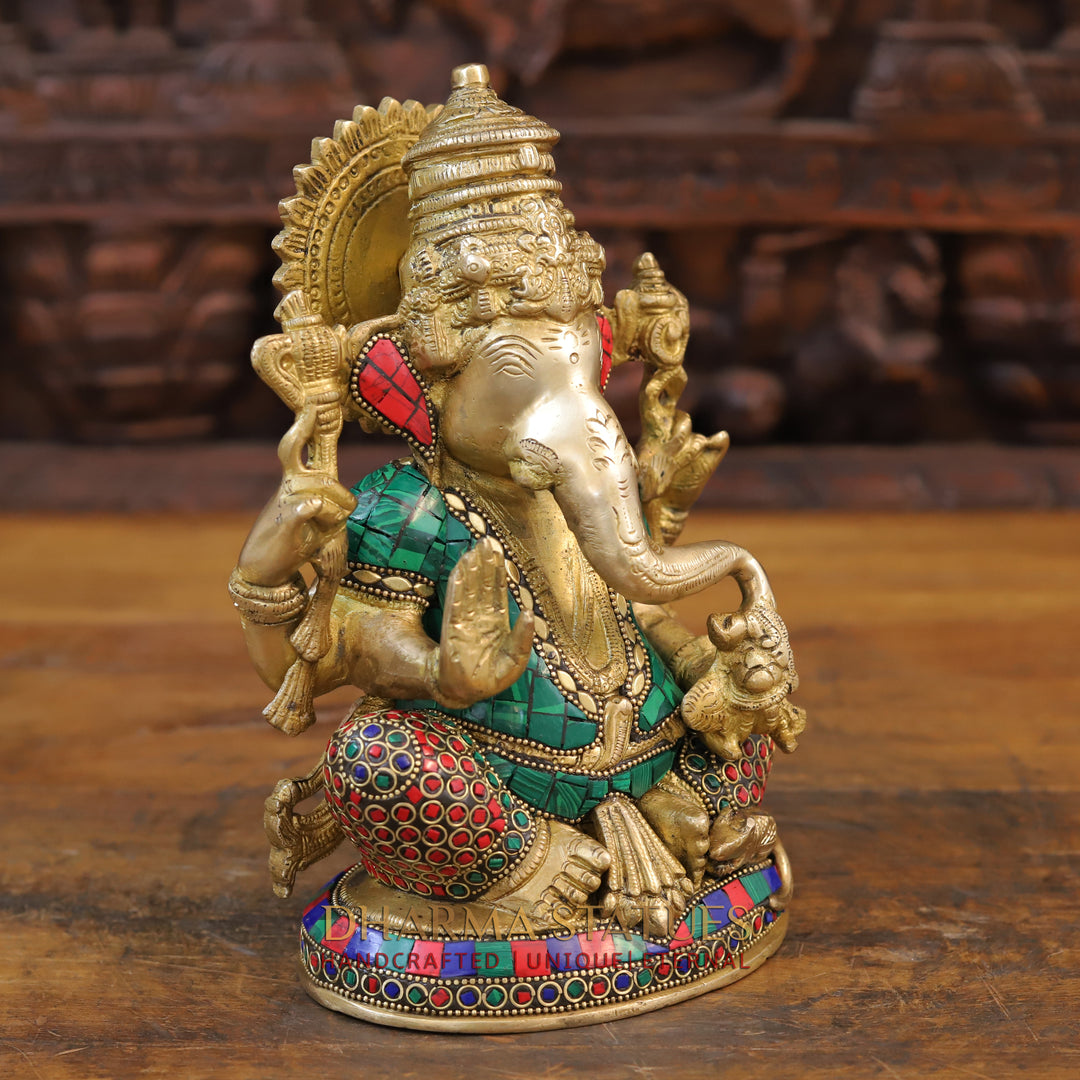 Brass Ganesh Idol, Seated on a Chowki, Golden & Stone Finish 9.5"