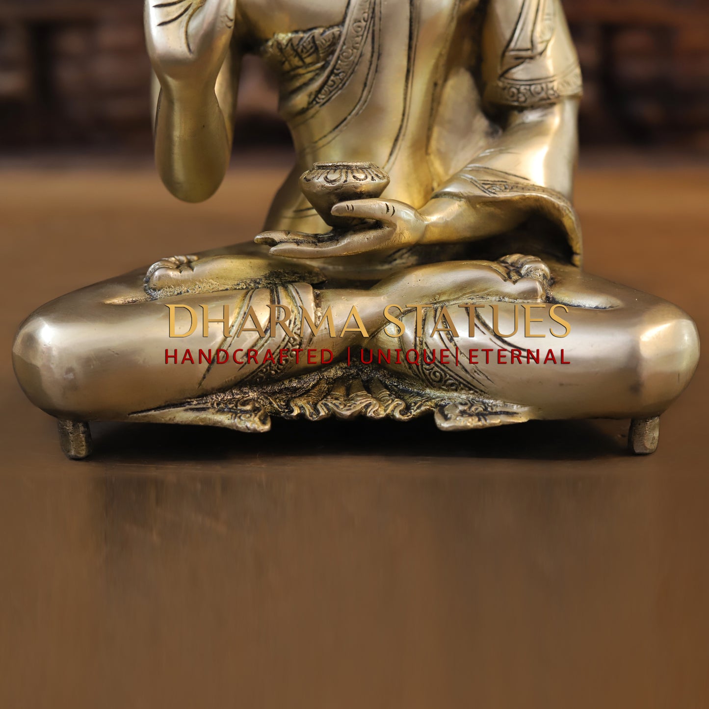 Brass Buddha in Blessing Position, Golden Finish, 11.5"