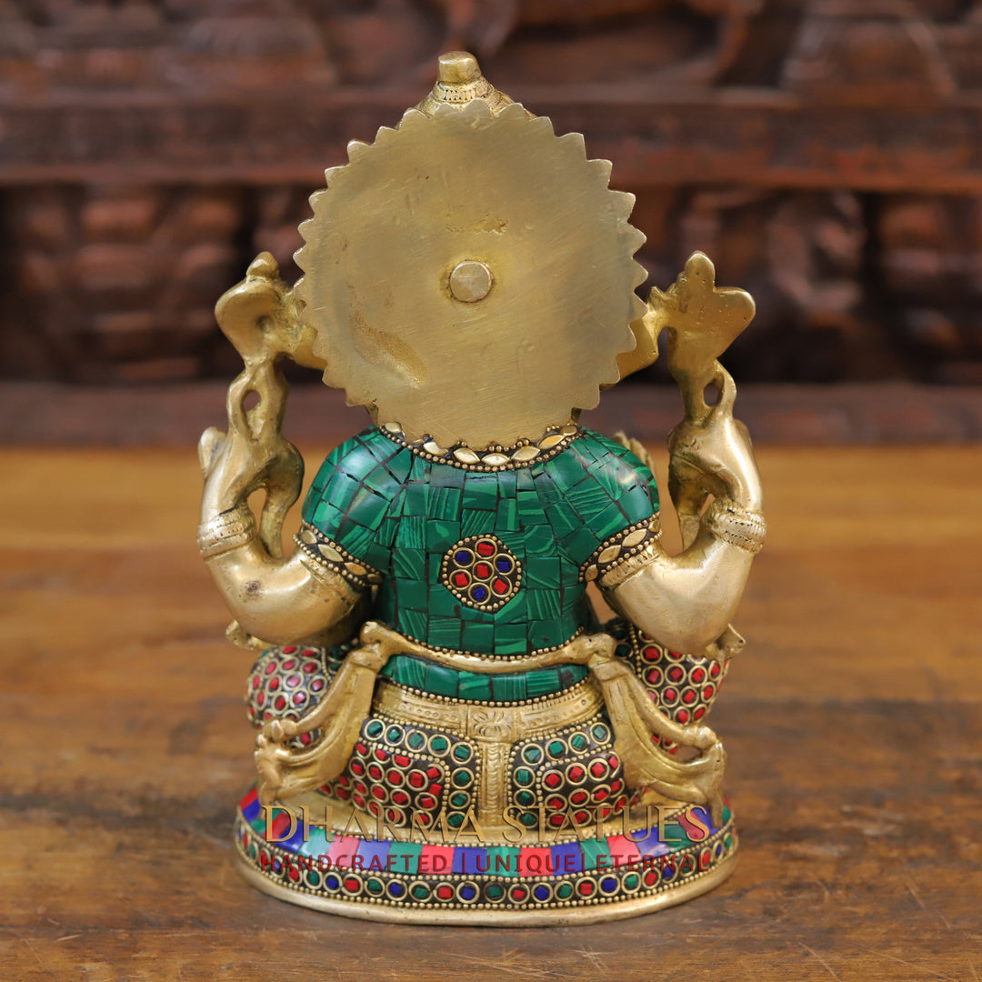 Brass Ganesh Idol, Seated on a Chowki, Golden & Stone Finish 9.5"