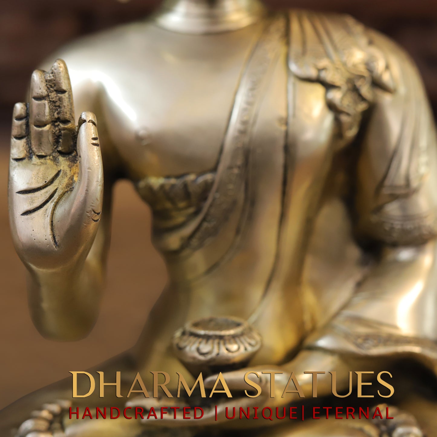 Brass Buddha in Blessing Position, Golden Finish, 11.5"