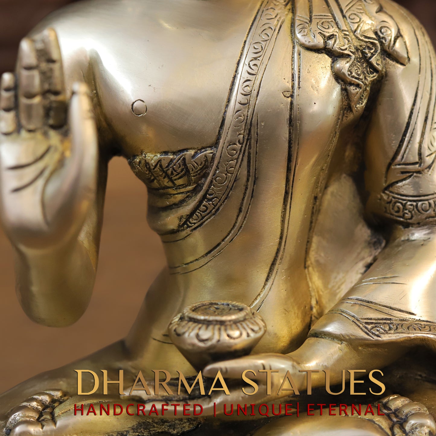Brass Buddha in Blessing Position, Golden Finish, 11.5"