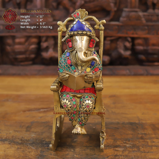 Brass Ganesh Seated On Rocking chair ,Golden & Stone work 11"
