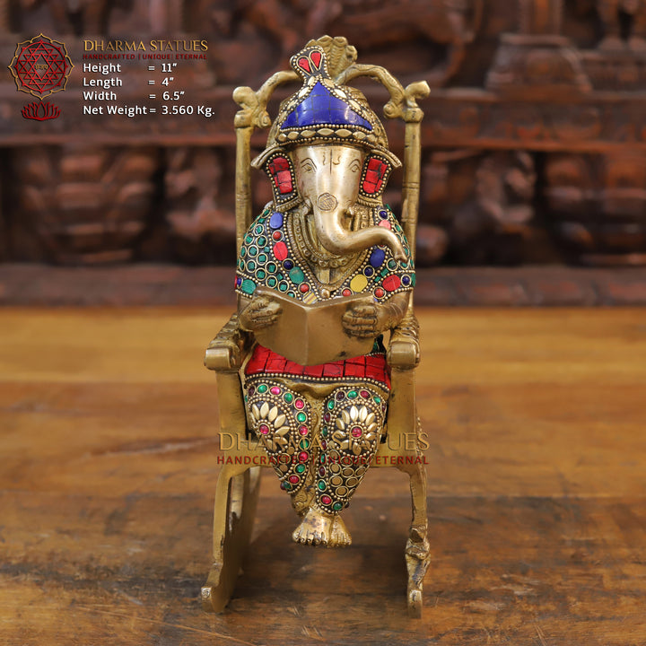 Brass Ganesh Seated On Rocking chair ,Golden & Stone work 11"