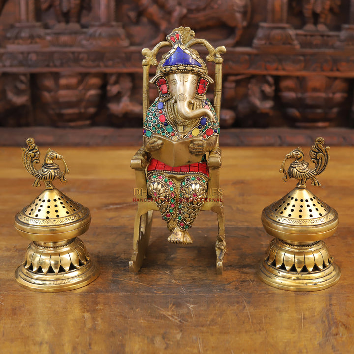 Brass Ganesh Seated On Rocking chair ,Golden & Stone work 11"