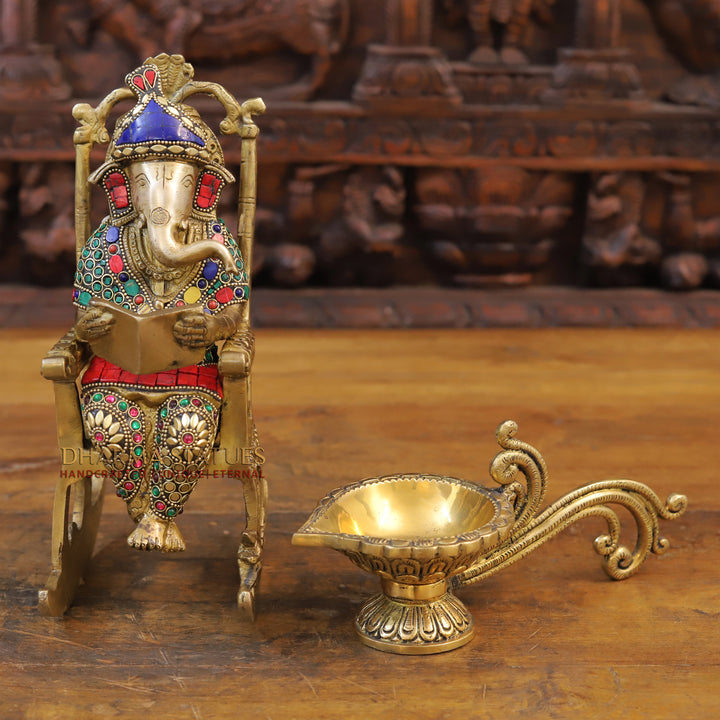 Brass Ganesh Seated On Rocking chair ,Golden & Stone work 11"