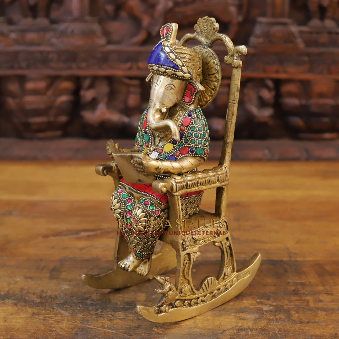 Brass Ganesh Seated On Rocking chair ,Golden & Stone work 11"