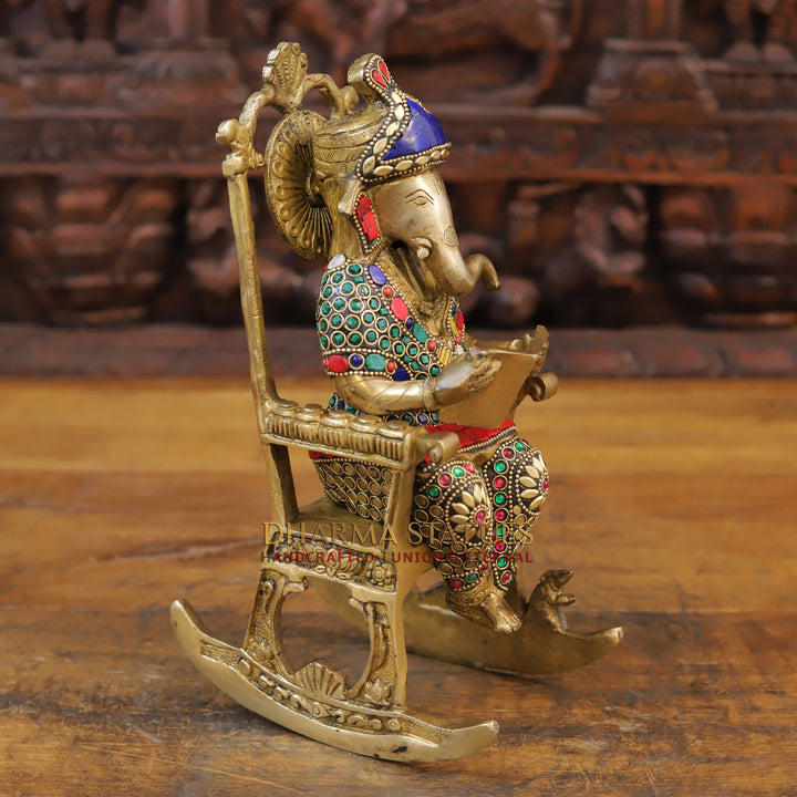 Brass Ganesh Seated On Rocking chair ,Golden & Stone work 11"