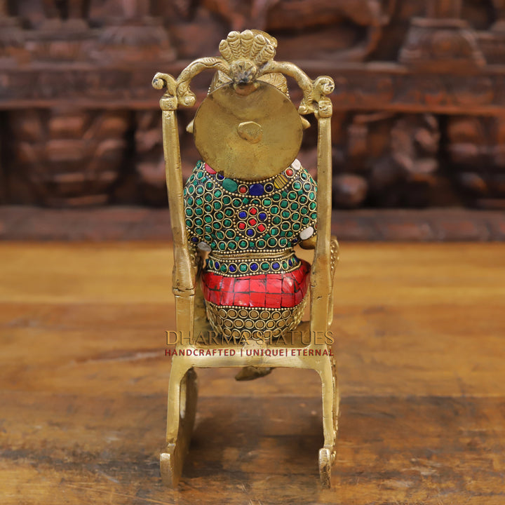 Brass Ganesh Seated On Rocking chair ,Golden & Stone work 11"