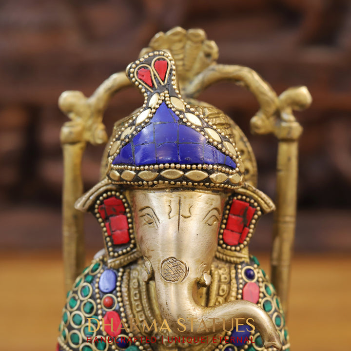 Brass Ganesh Seated On Rocking chair ,Golden & Stone work 11"