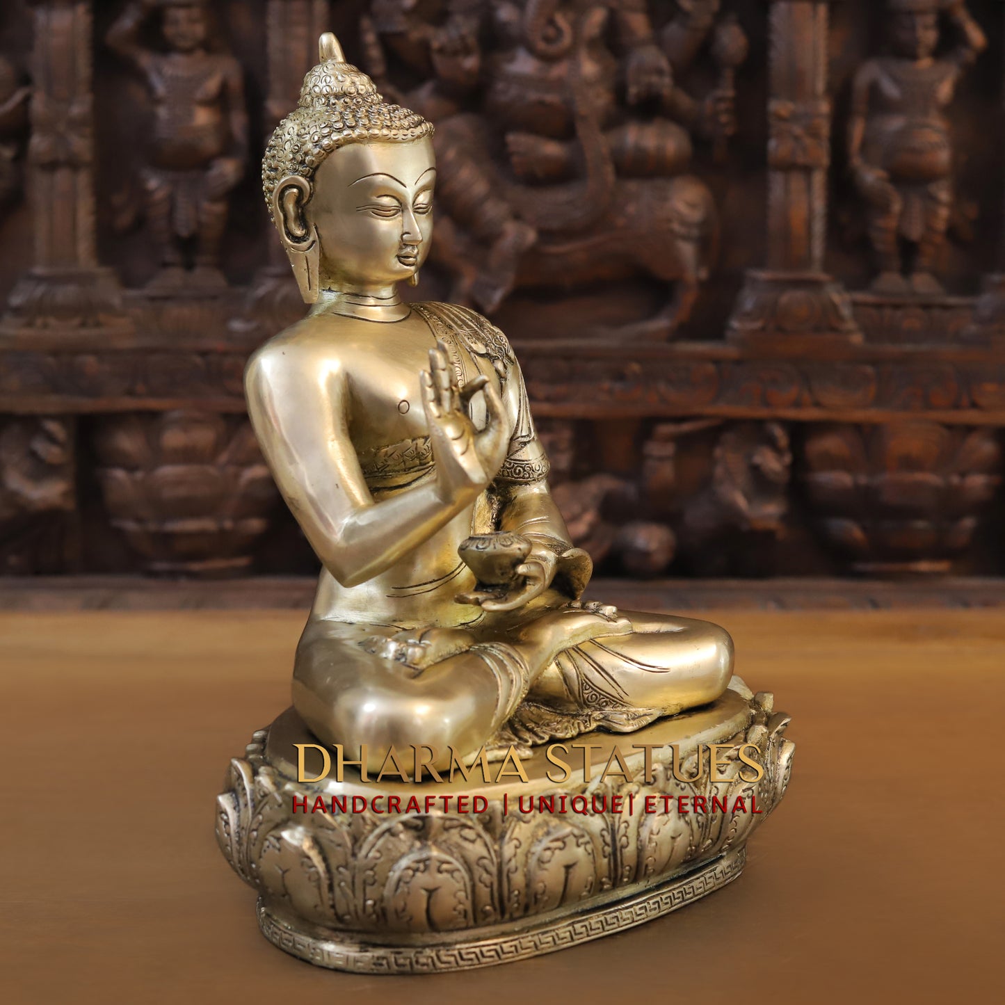 Brass Buddha in Blessing Position, Golden Finish, 14"