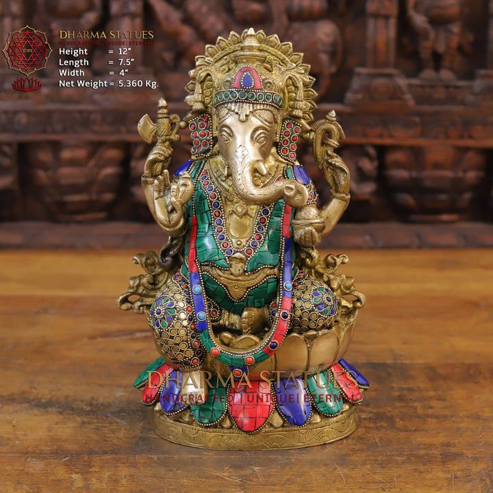 Brass Ganesh Seated on Lotus, Golden & Stone work 12"