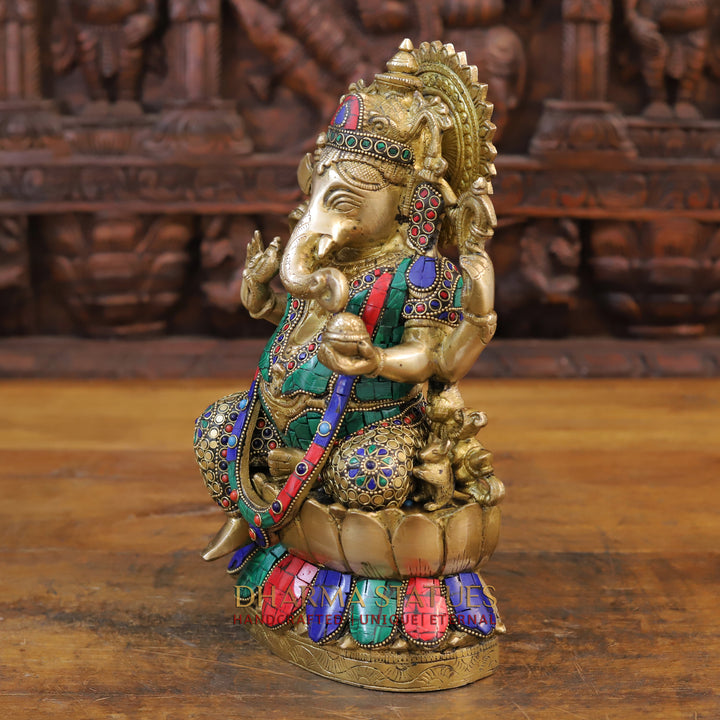 Brass Ganesh Seated on Lotus, Golden & Stone work 12"