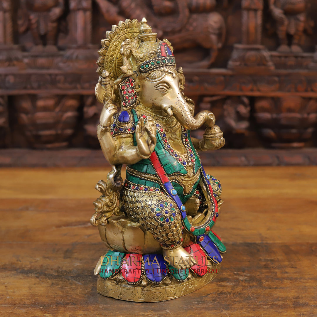 Brass Ganesh Seated on Lotus, Golden & Stone work 12"