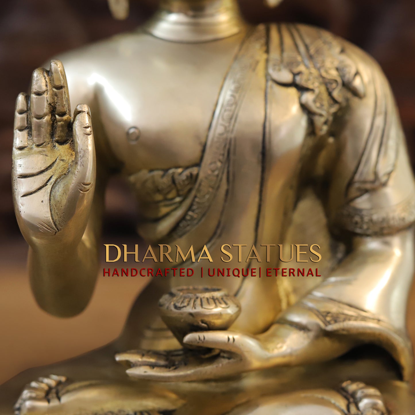 Brass Buddha in Blessing Position, Golden Finish, 14"