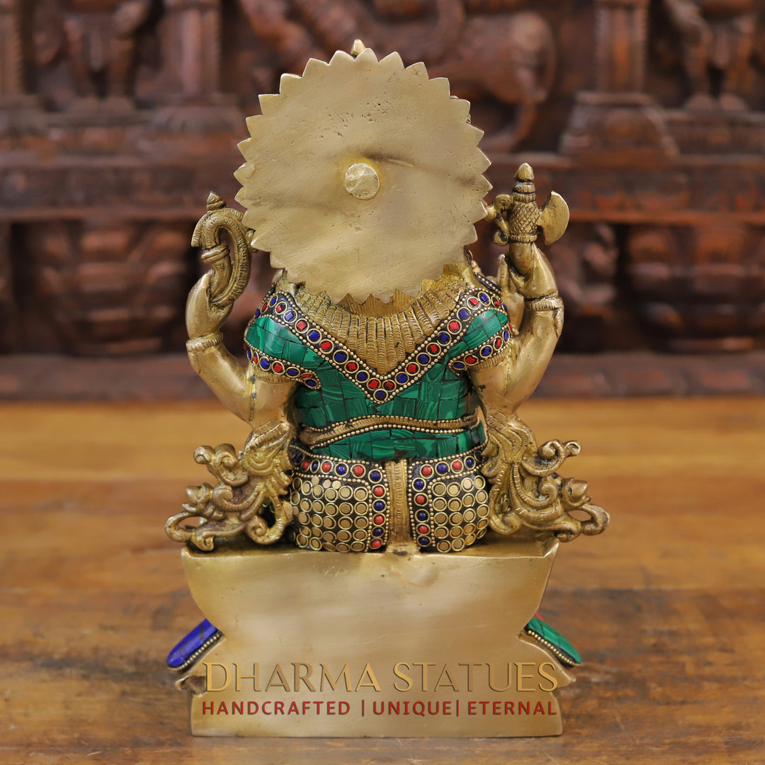 Brass Ganesh Seated on Lotus, Golden & Stone work 12"