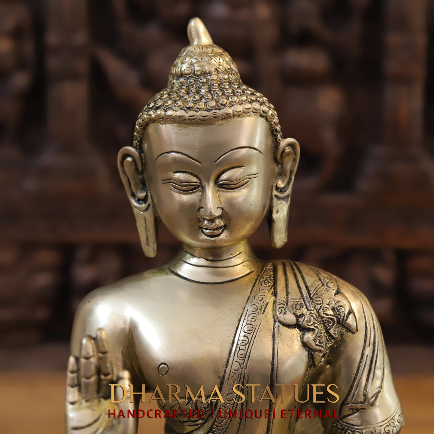 Brass Buddha in Blessing Position, Golden Finish, 14"