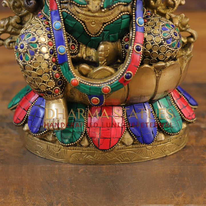 Brass Ganesh Seated on Lotus, Golden & Stone work 12"