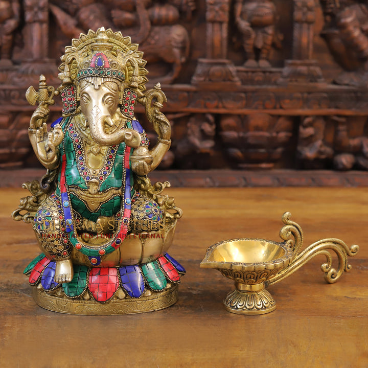 Brass Ganesh Seated on Lotus, Golden & Stone work 12"