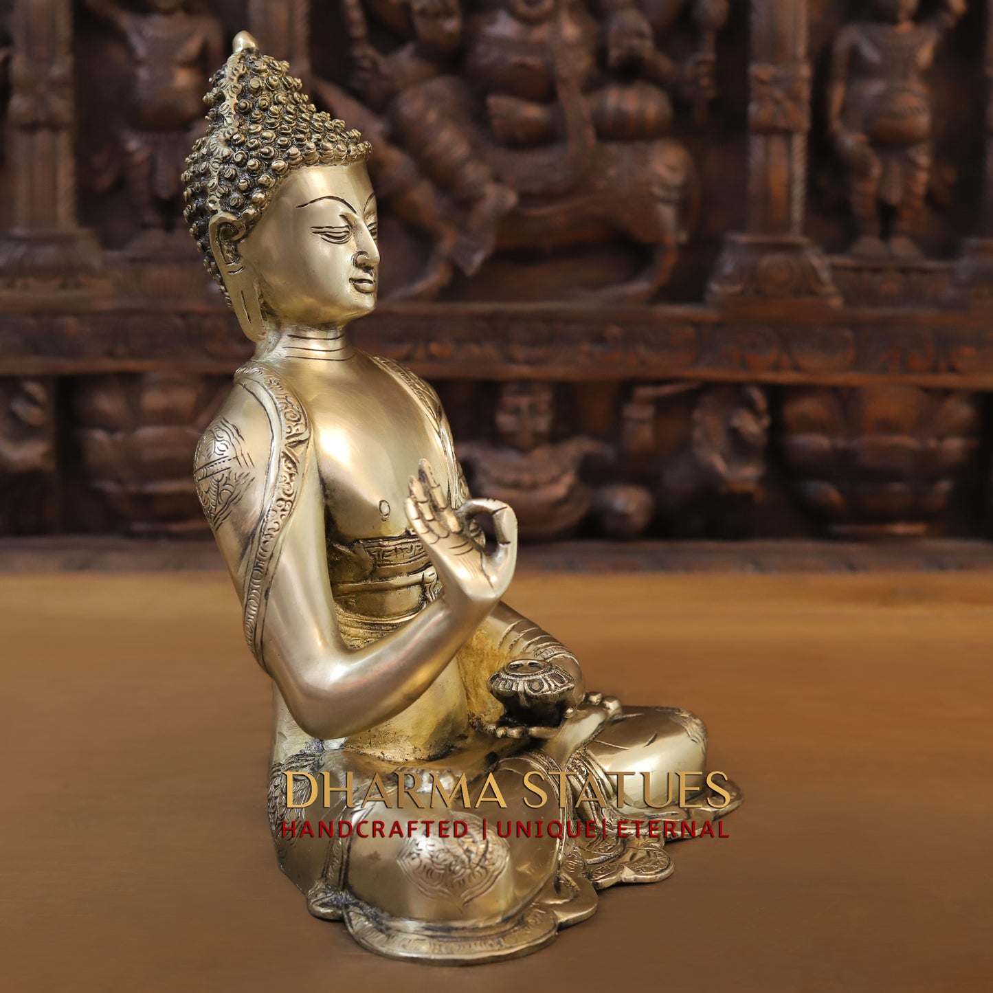 Brass Buddha in Blessing Position, Golden Finish, 13.5"