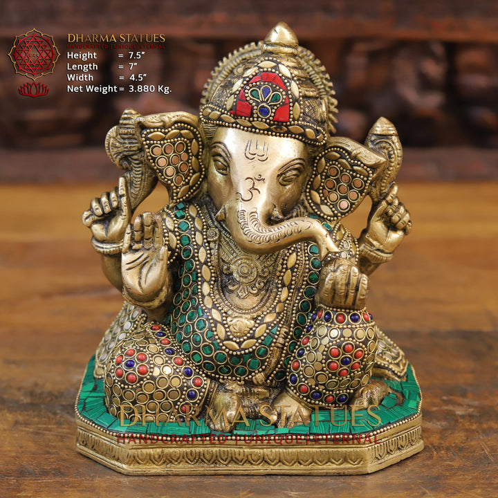 Brass Ganesh Seated ,Golden & Stone work 7.5"