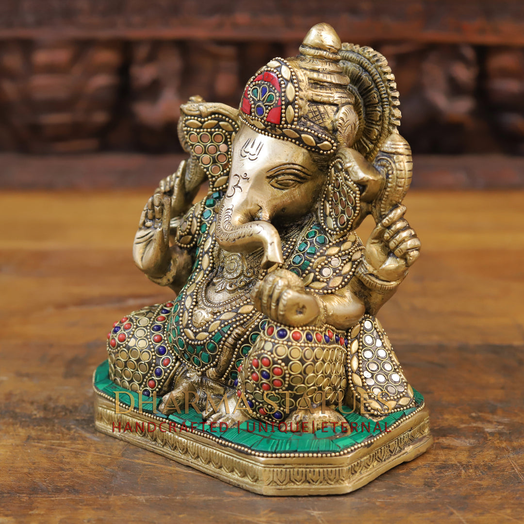 Brass Ganesh Seated ,Golden & Stone work 7.5"