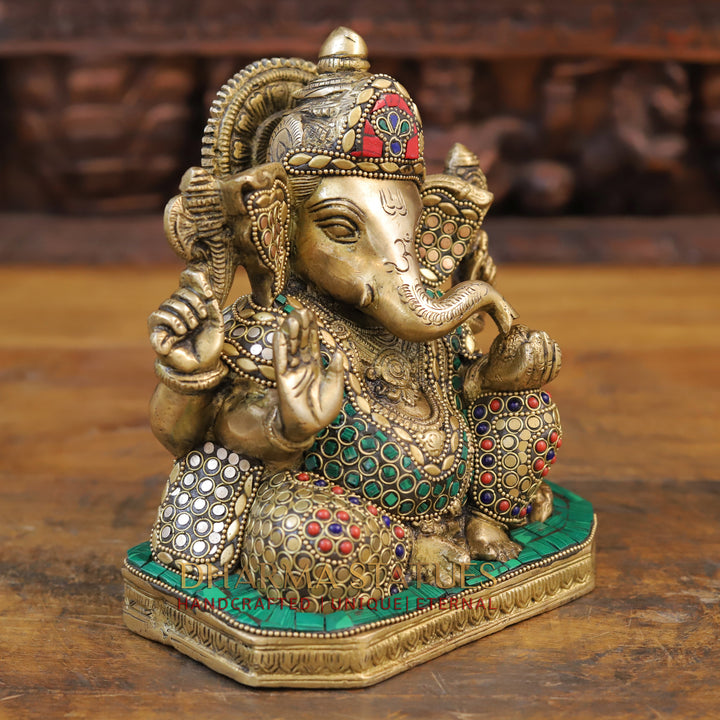 Brass Ganesh Seated ,Golden & Stone work 7.5"