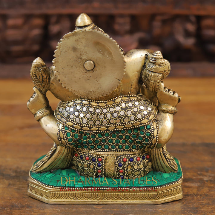 Brass Ganesh Seated ,Golden & Stone work 7.5"