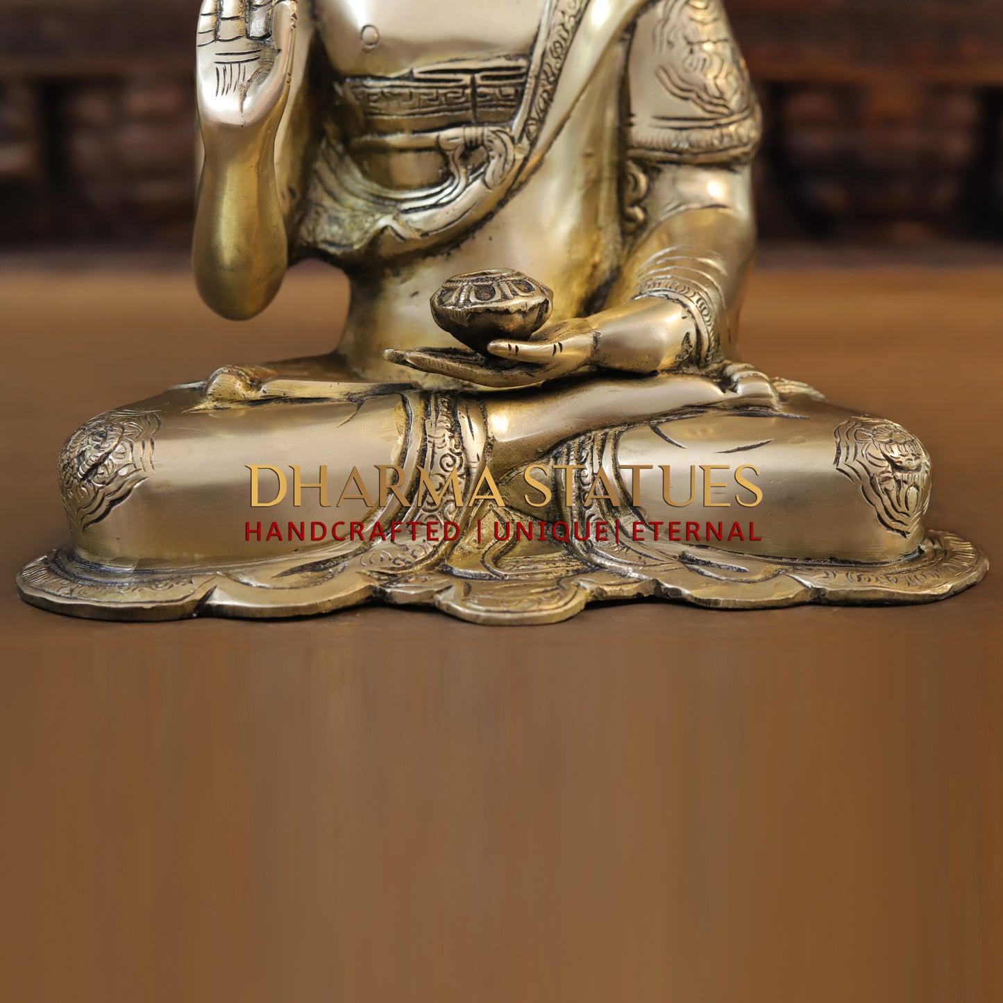 Brass Buddha in Blessing Position, Golden Finish, 13.5"