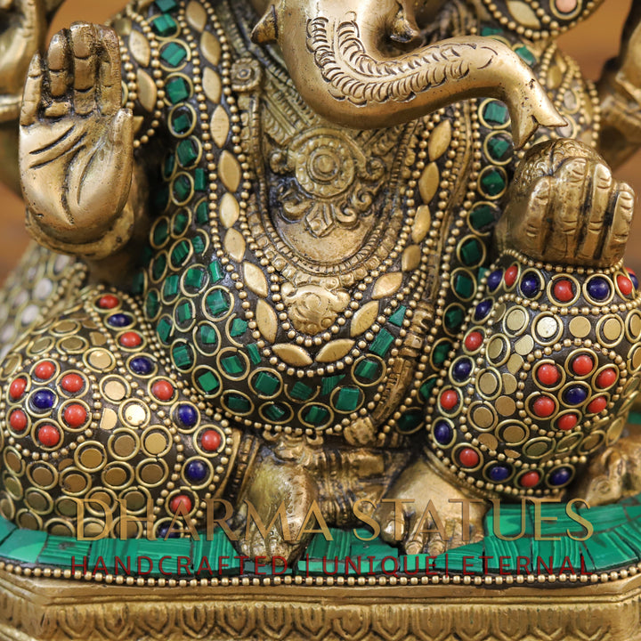 Brass Ganesh Seated ,Golden & Stone work 7.5"