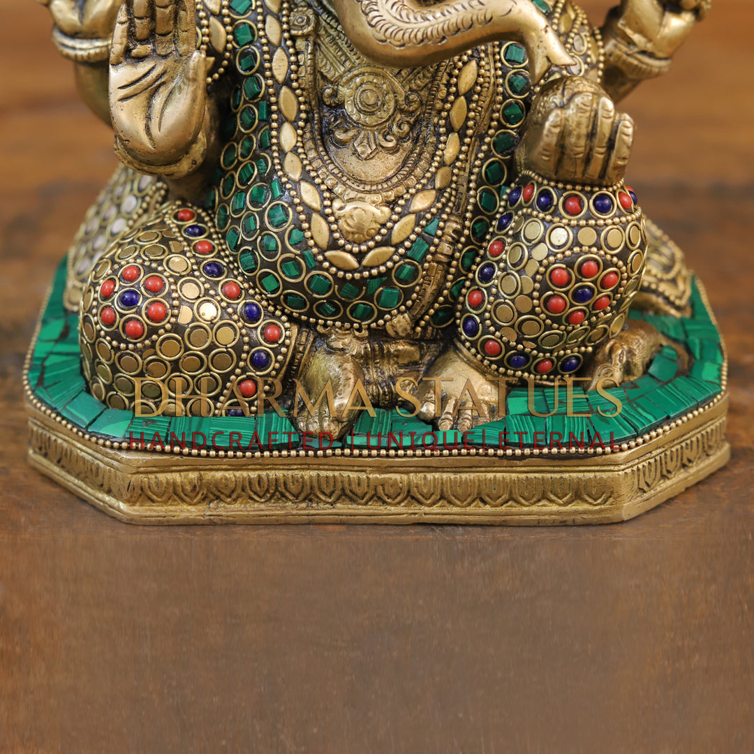 Brass Ganesh Seated ,Golden & Stone work 7.5"