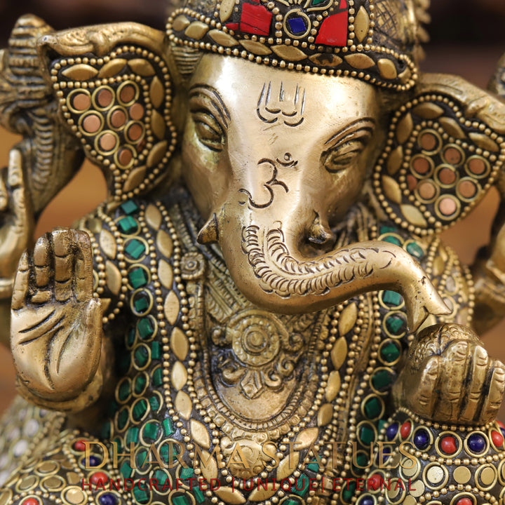 Brass Ganesh Seated ,Golden & Stone work 7.5"