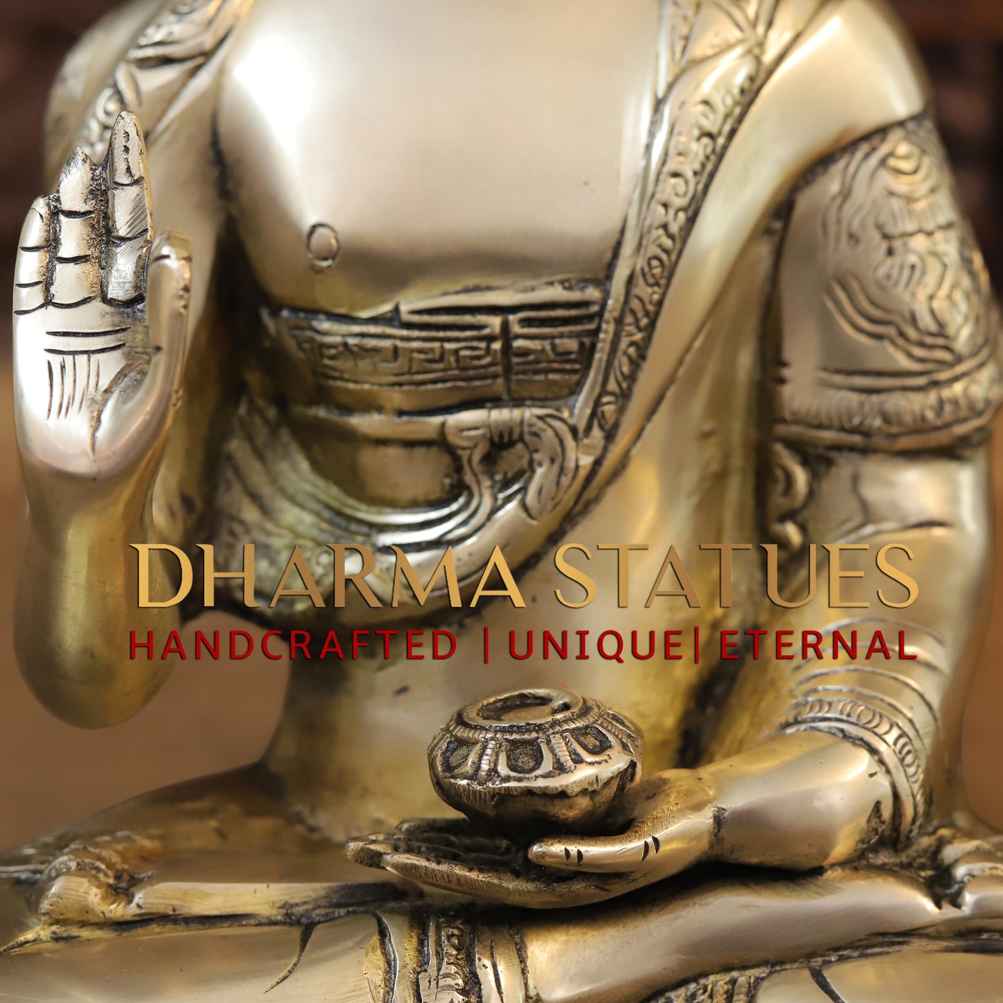 Brass Buddha in Blessing Position, Golden Finish, 13.5"