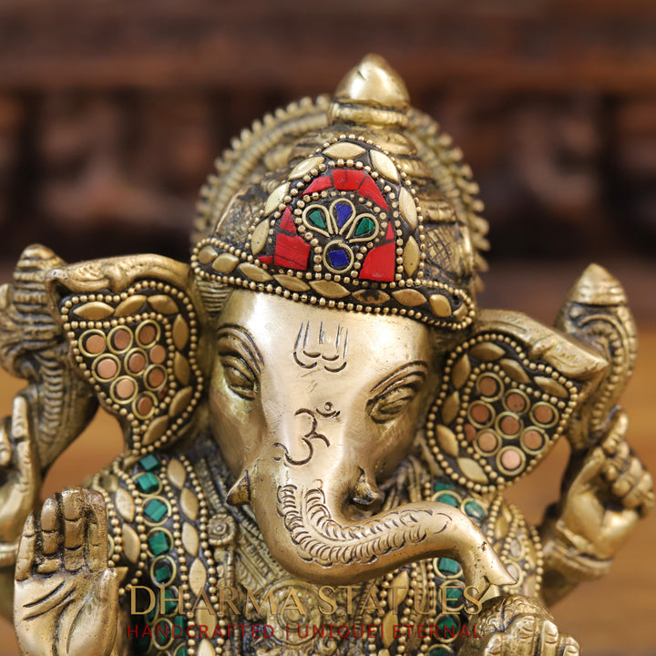 Brass Ganesh Seated ,Golden & Stone work 7.5"