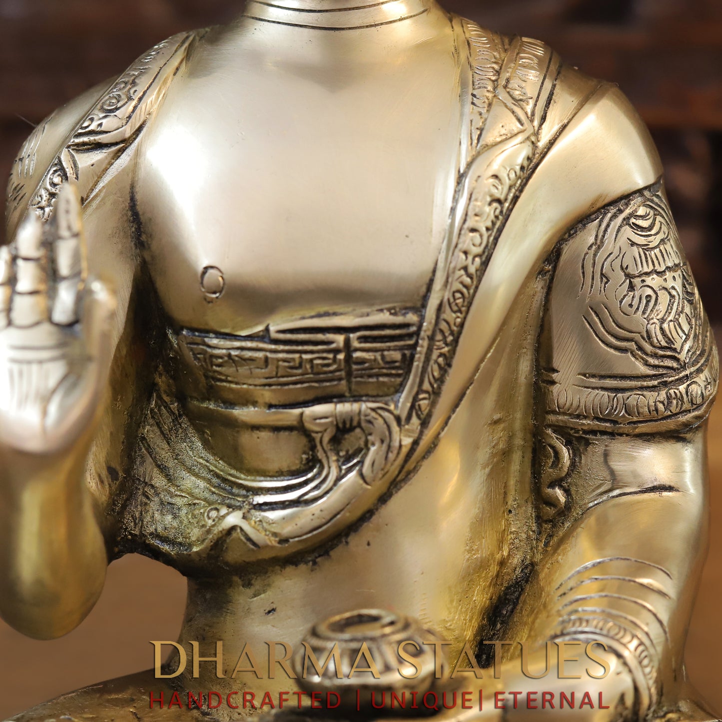 Brass Buddha in Blessing Position, Golden Finish, 13.5"