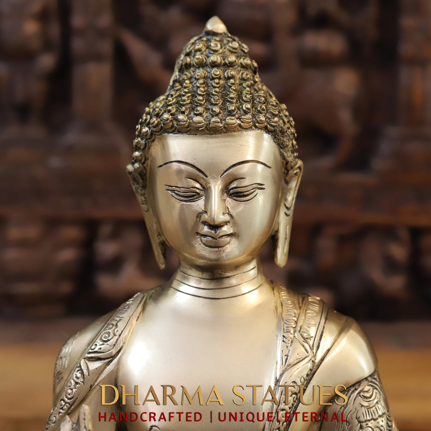 Brass Buddha in Blessing Position, Golden Finish, 13.5"