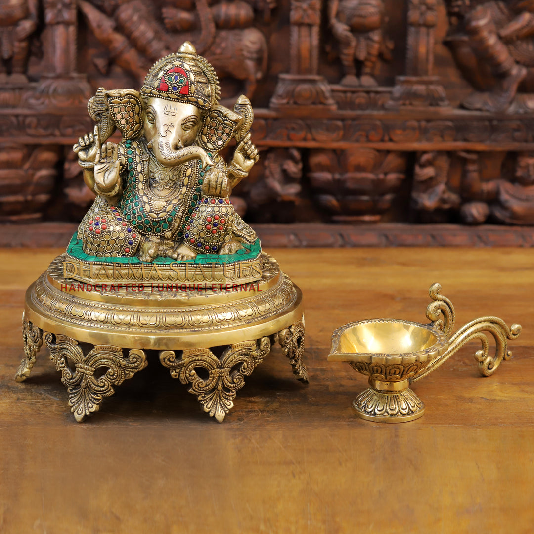 Brass Ganesh Seated ,Golden & Stone work 7.5"