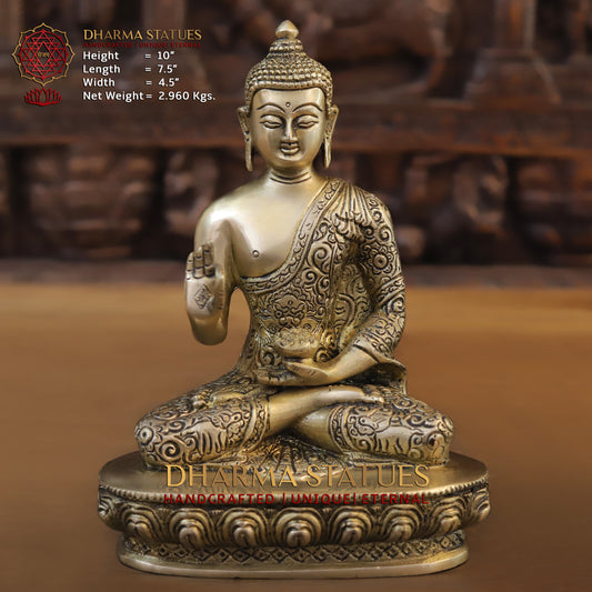 Brass Buddha in Blessing Position, Golden Finish, 10"