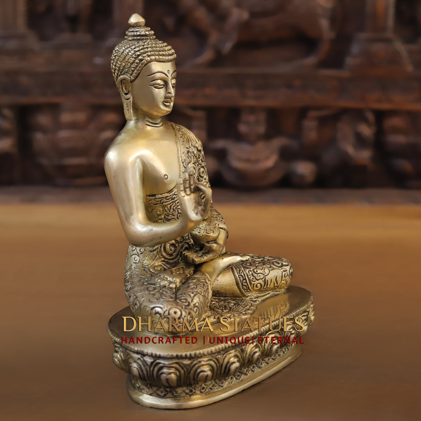 Brass Buddha in Blessing Position, Golden Finish, 10"