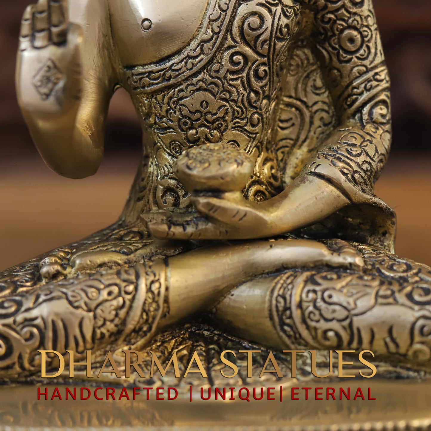 Brass Buddha in Blessing Position, Golden Finish, 10"