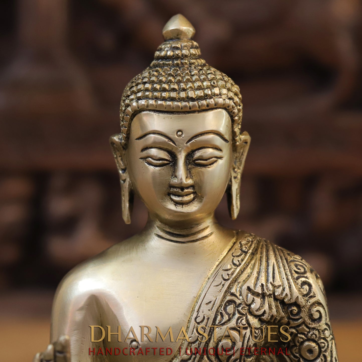 Brass Buddha in Blessing Position, Golden Finish, 10"