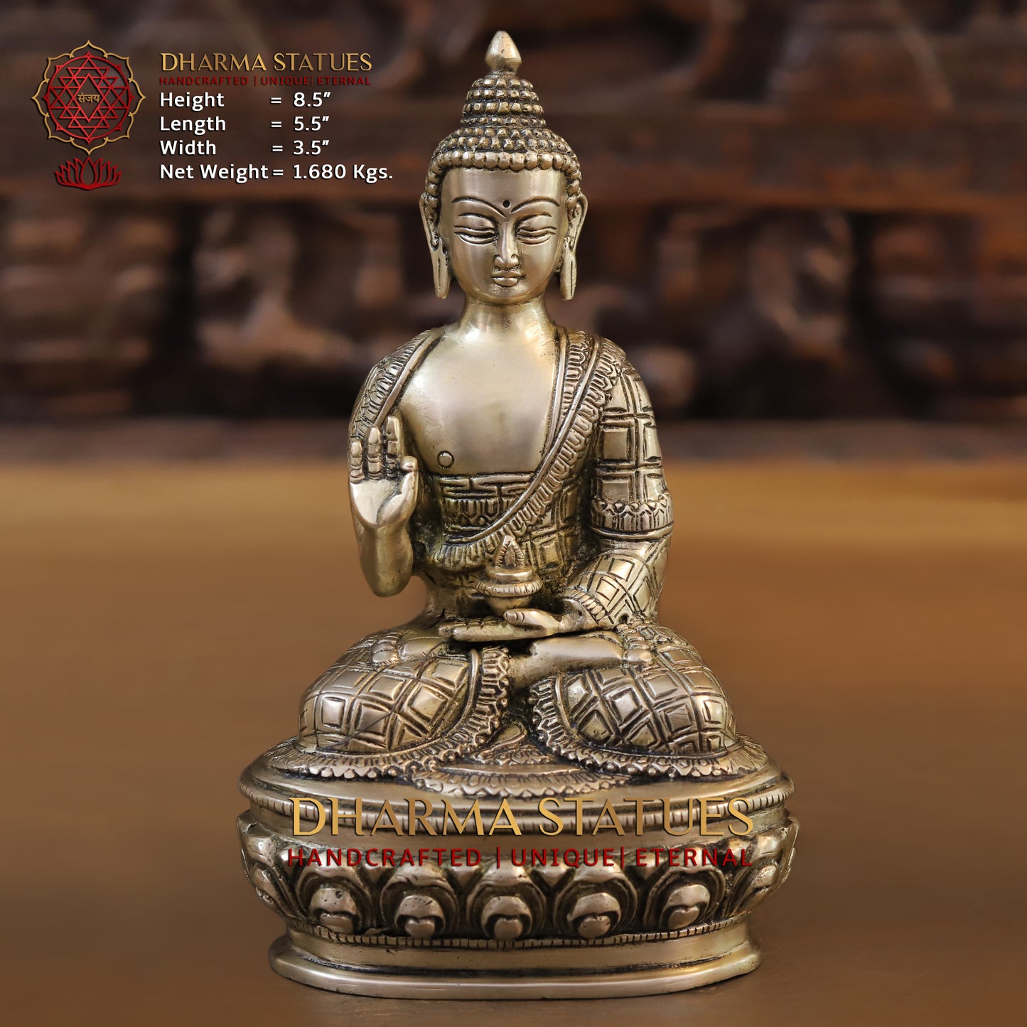 Brass Buddha in Blessing Position, Golden Finish, 8.5"
