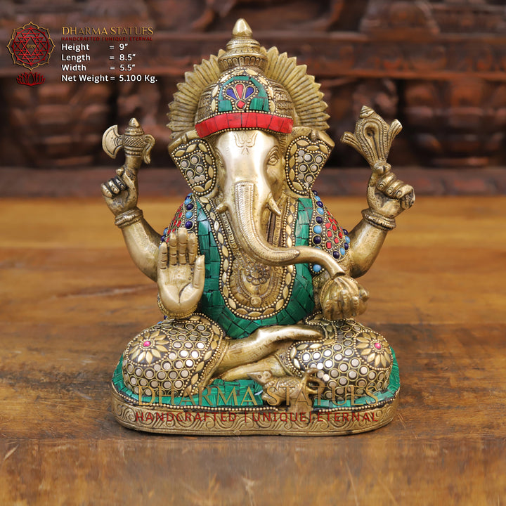 Brass Ganesh Idol, Seated, Golden and Stone work 9"