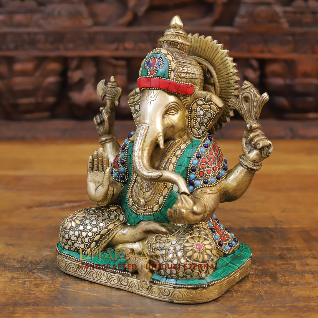 Brass Ganesh Idol, Seated, Golden and Stone work 9"