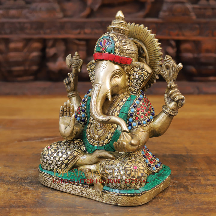 Brass Ganesh Idol, Seated, Golden and Stone work 9"