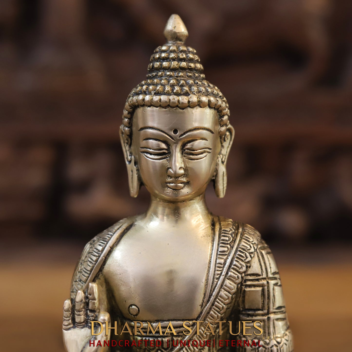 Brass Buddha in Blessing Position, Golden Finish, 8.5"