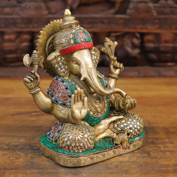 Brass Ganesh Idol, Seated, Golden and Stone work 9"